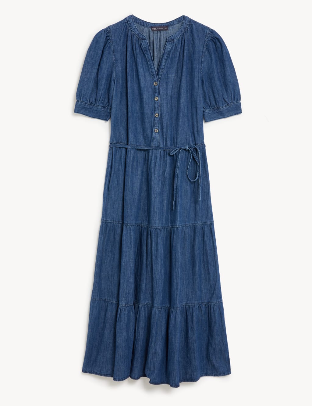 Denim V-Neck Button Front Midi Tiered Dress 1 of 7