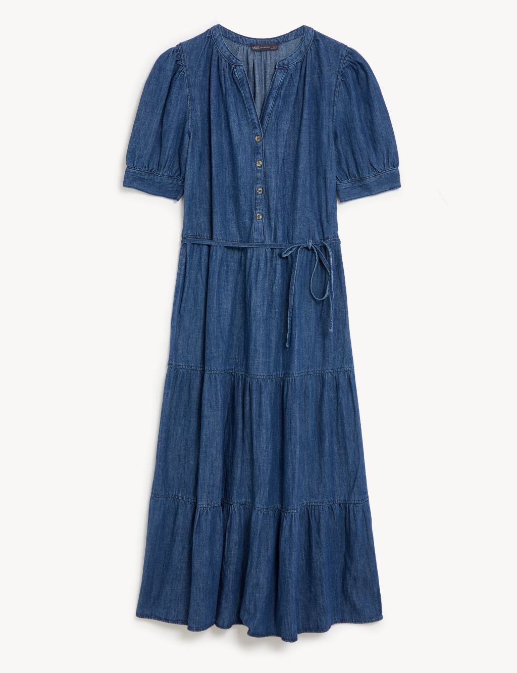 Denim V-Neck Button Front Midi Tiered Dress | M&S Collection | M&S
