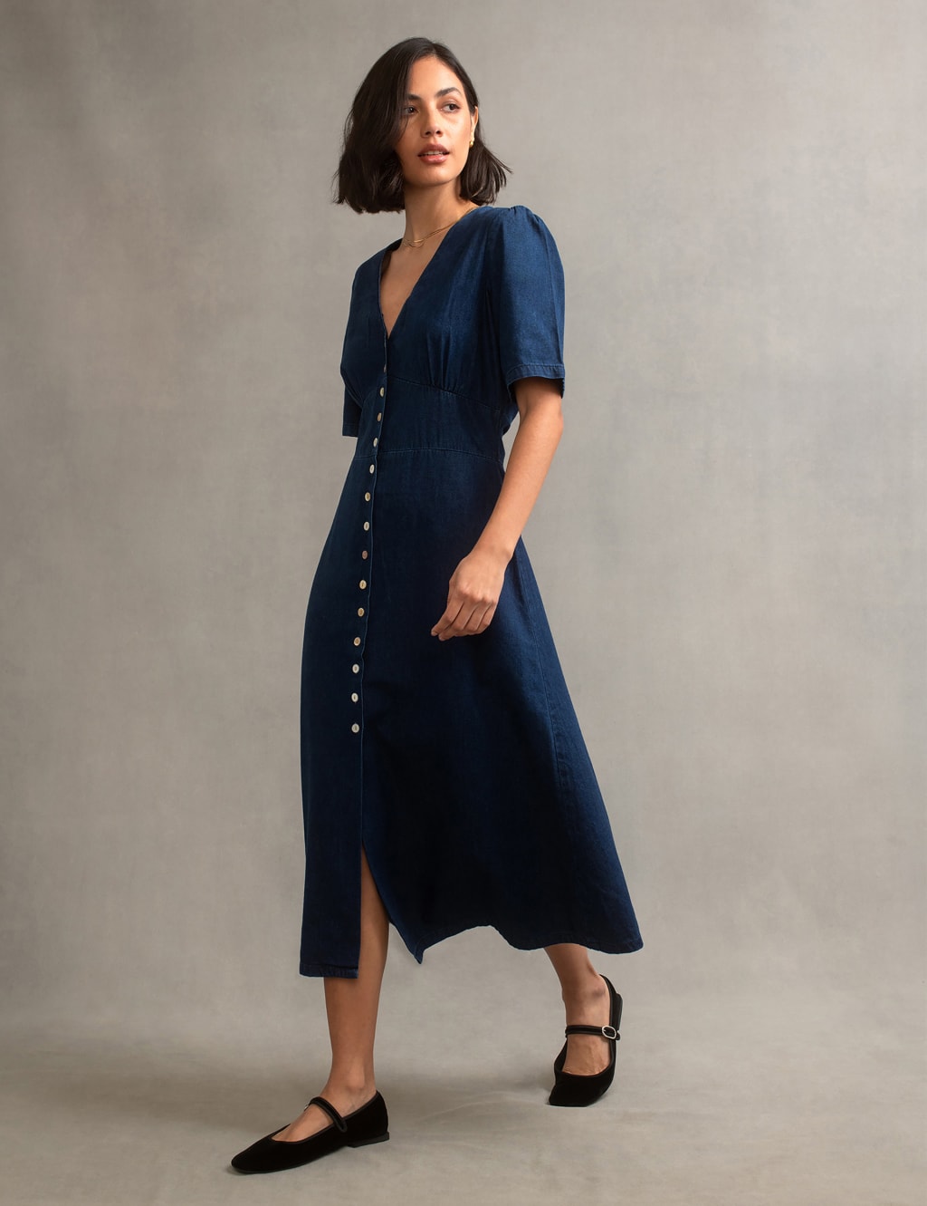 Denim V-Neck Button Through Midi Tea Dress 3 of 4