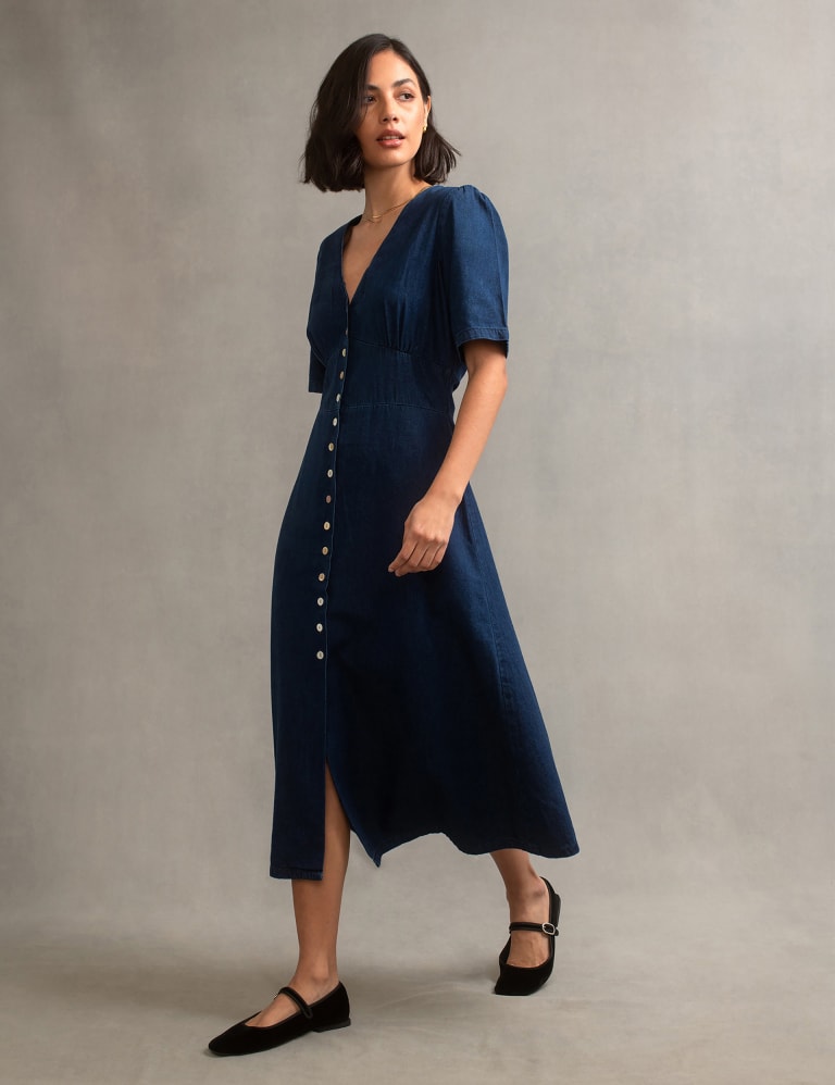 Denim V Neck Button Through Midi Tea Dress