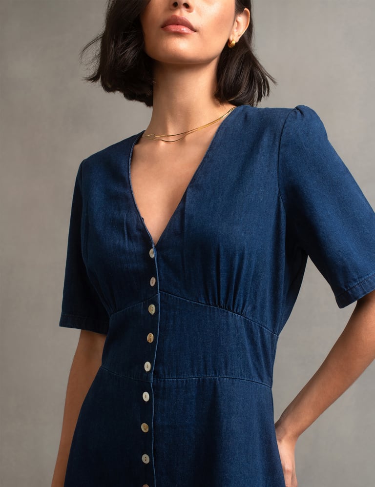 Denim V-Neck Button Through Midi Tea Dress 2 of 4