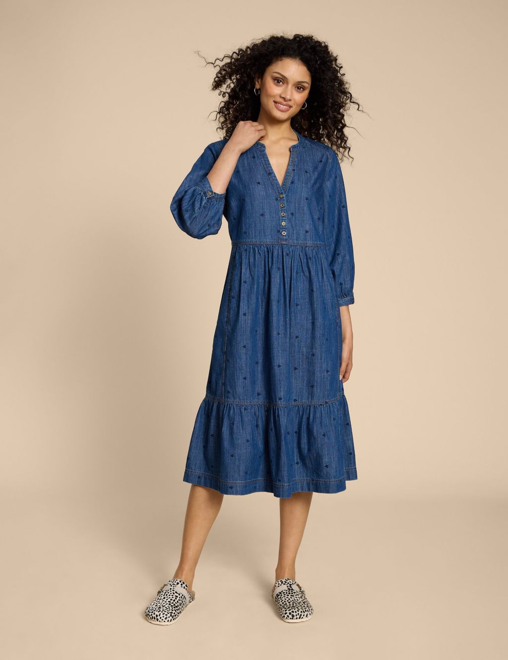 Denim V-Neck Midi Relaxed Tiered Dress 3 of 5