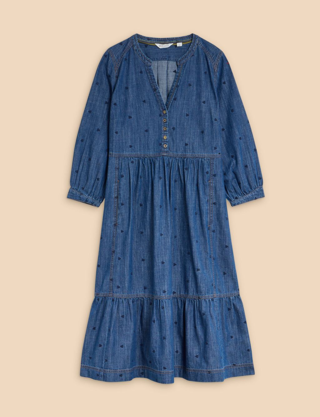 Denim V-Neck Midi Relaxed Tiered Dress 1 of 5