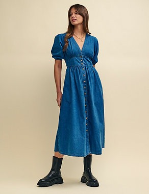 Denim V-Neck Midi Waisted Dress Image 2 of 5