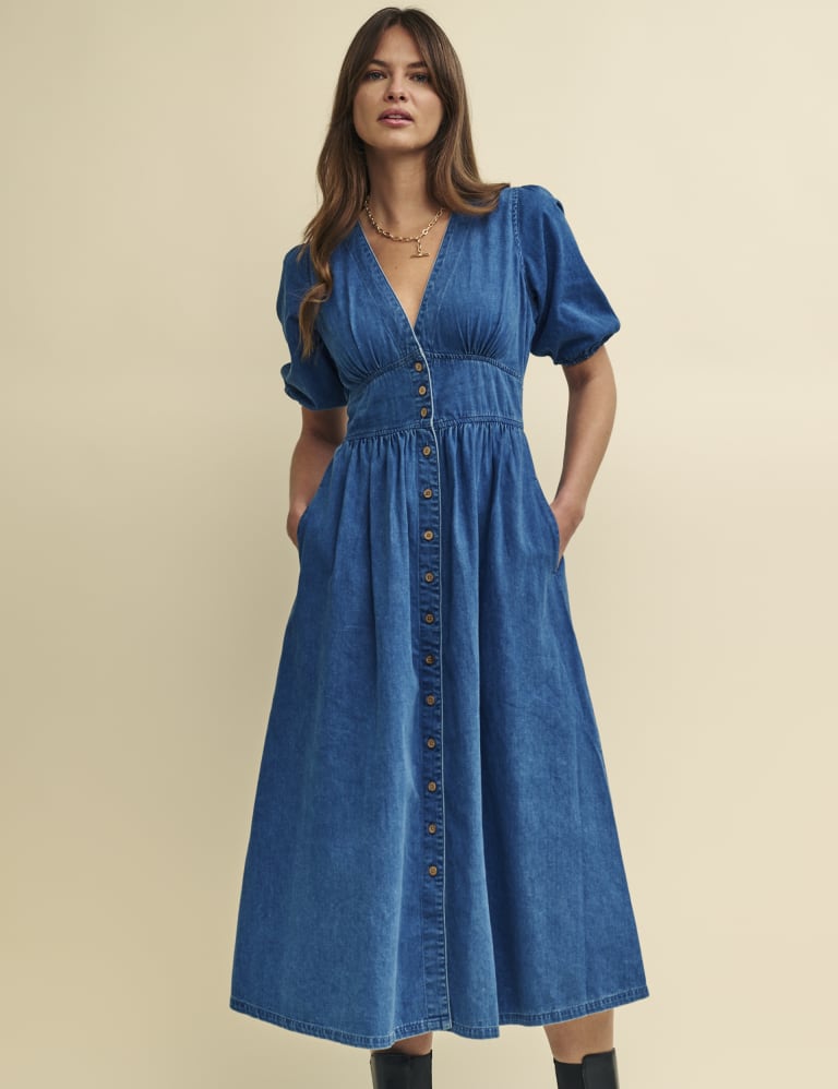 Denim V-Neck Midi Waisted Dress 1 of 5