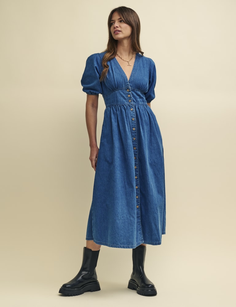 Denim V-Neck Midi Waisted Dress 2 of 5