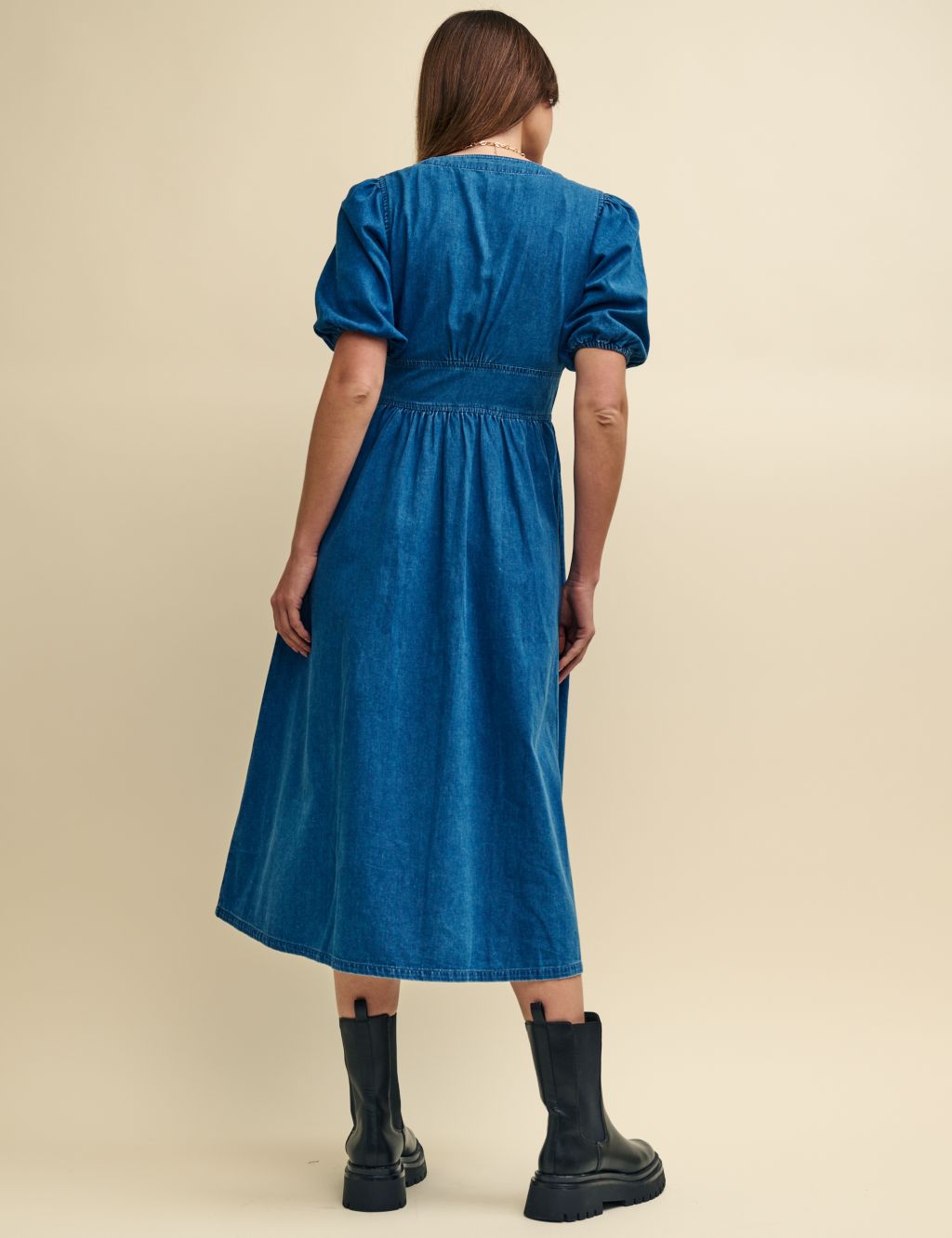 Denim V-Neck Midi Waisted Dress 2 of 5