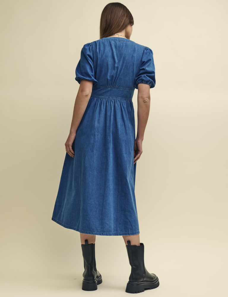 Denim V-Neck Midi Waisted Dress 3 of 5