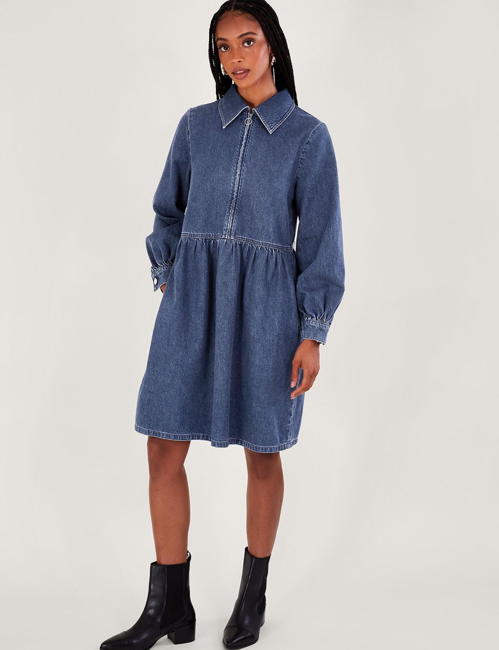 Denim Zip Neck Knee Length Shirt Dress | Monsoon | M&S