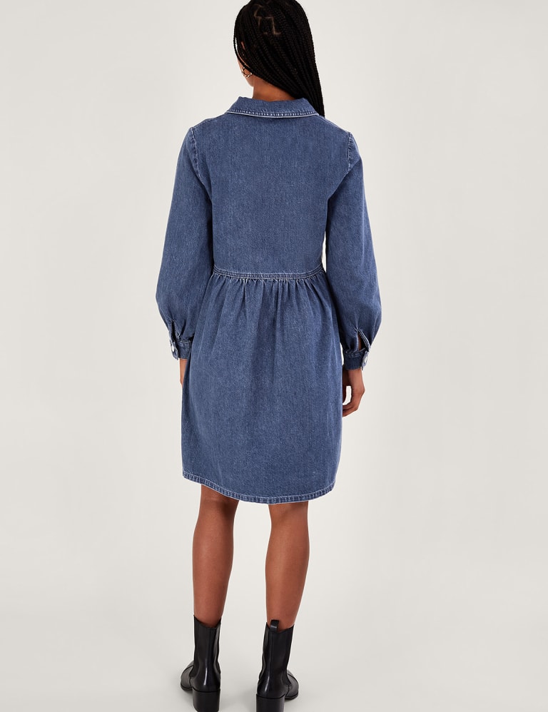 Denim Zip Neck Knee Length Shirt Dress 3 of 5