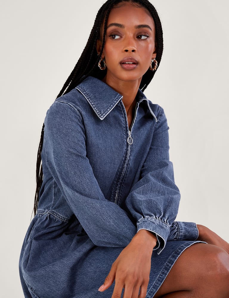 Denim Zip Neck Knee Length Shirt Dress 5 of 5