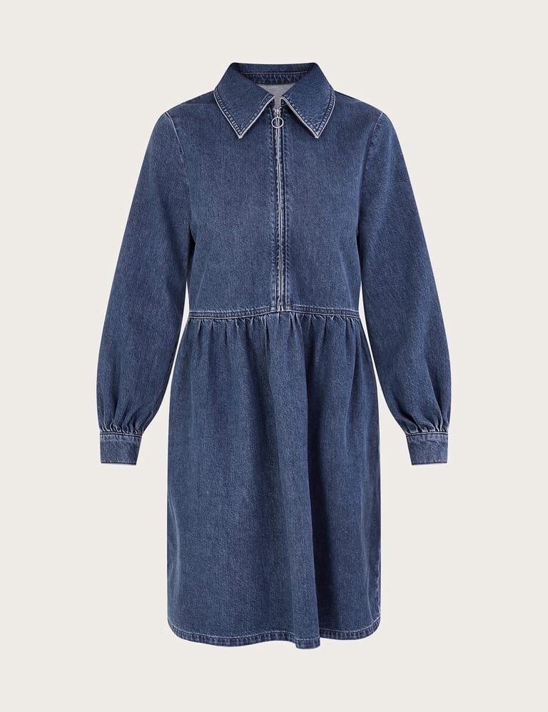 Denim Zip Neck Knee Length Shirt Dress 2 of 5