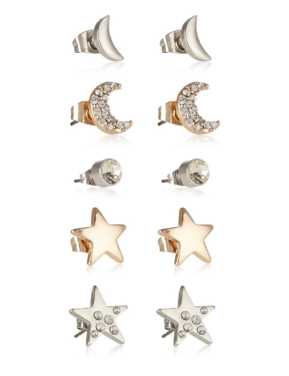 Diamanté Moon & Star Stud Earrings Set Image 1 of 2