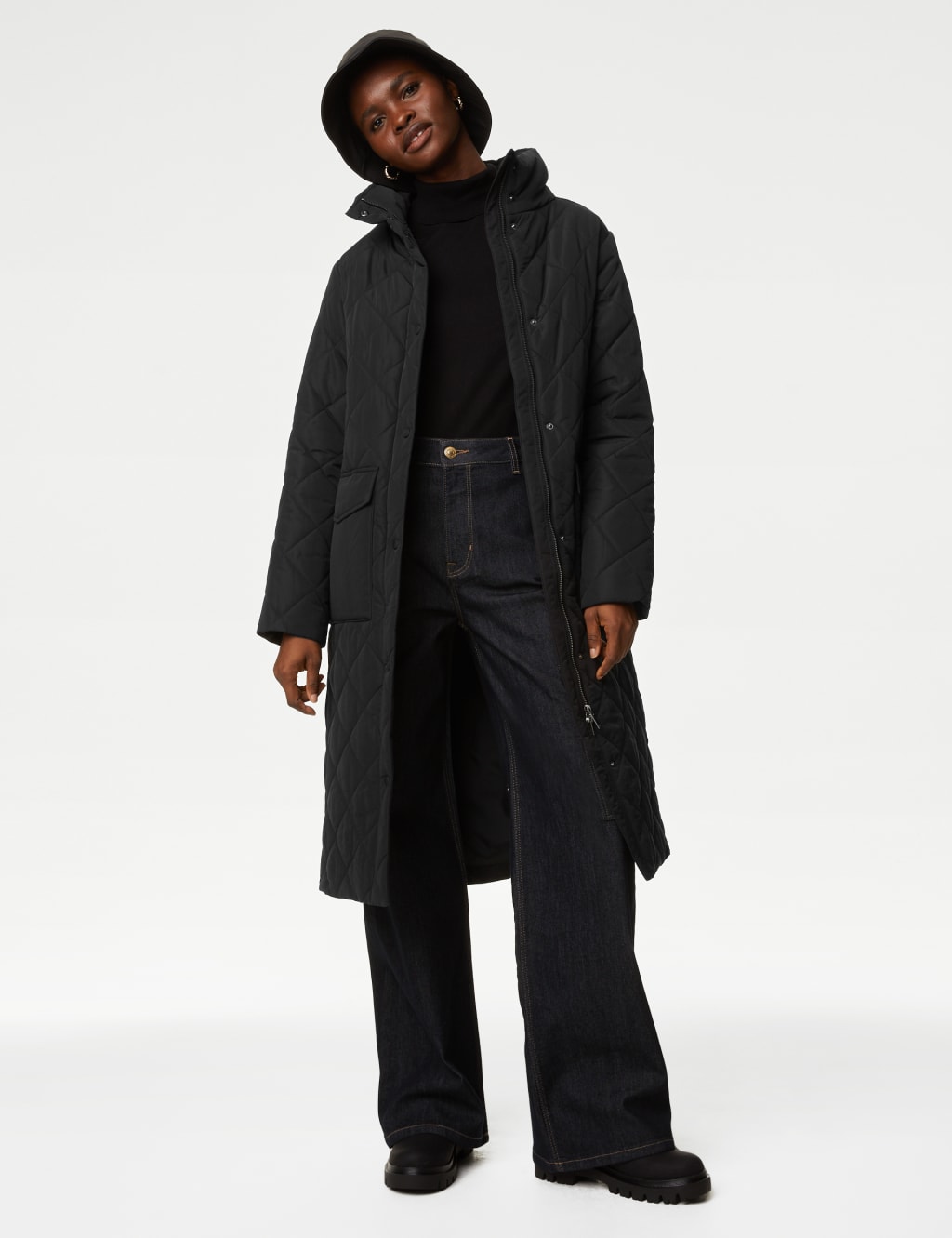 Diamond Quilted Funnel Neck Longline Coat M S Collection M S