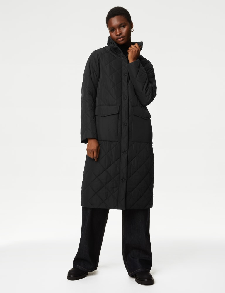 Diamond Quilted Funnel Neck Longline Coat M S Collection M S