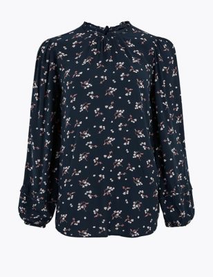 Ditsy Floral Frill Neck Long Sleeve Blouse Image 2 of 5