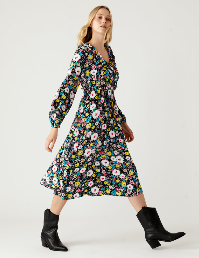 Ditsy Floral V Neck Midi Waisted Dress M S Collection M S