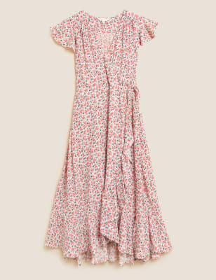 Ditsy Floral V-Neck Midi Wrap Dress Image 2 of 7