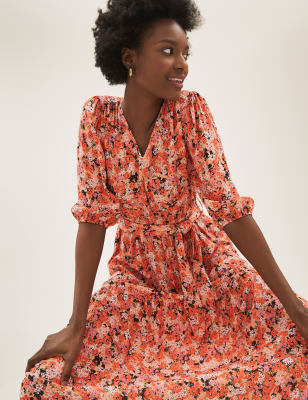 Floral V-Neck Tie Sleeve Midi Dress, M&S X GHOST