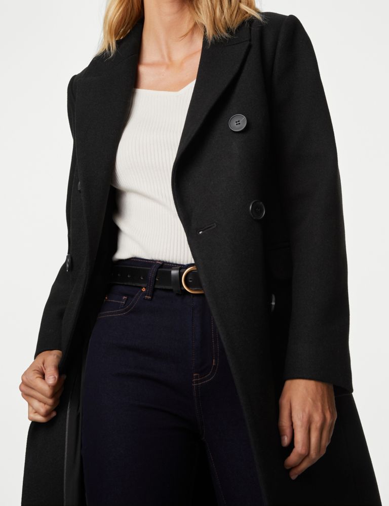 Marks & Spencer Double Breasted Longline Tailored Coat Plain Synthetic (FEMALE, BLACK, 18)