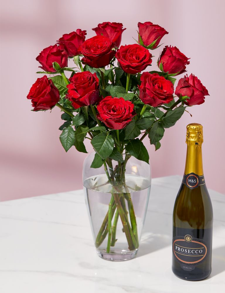 Dozen Red Rose Bouquet & Prosecco 1 of 6
