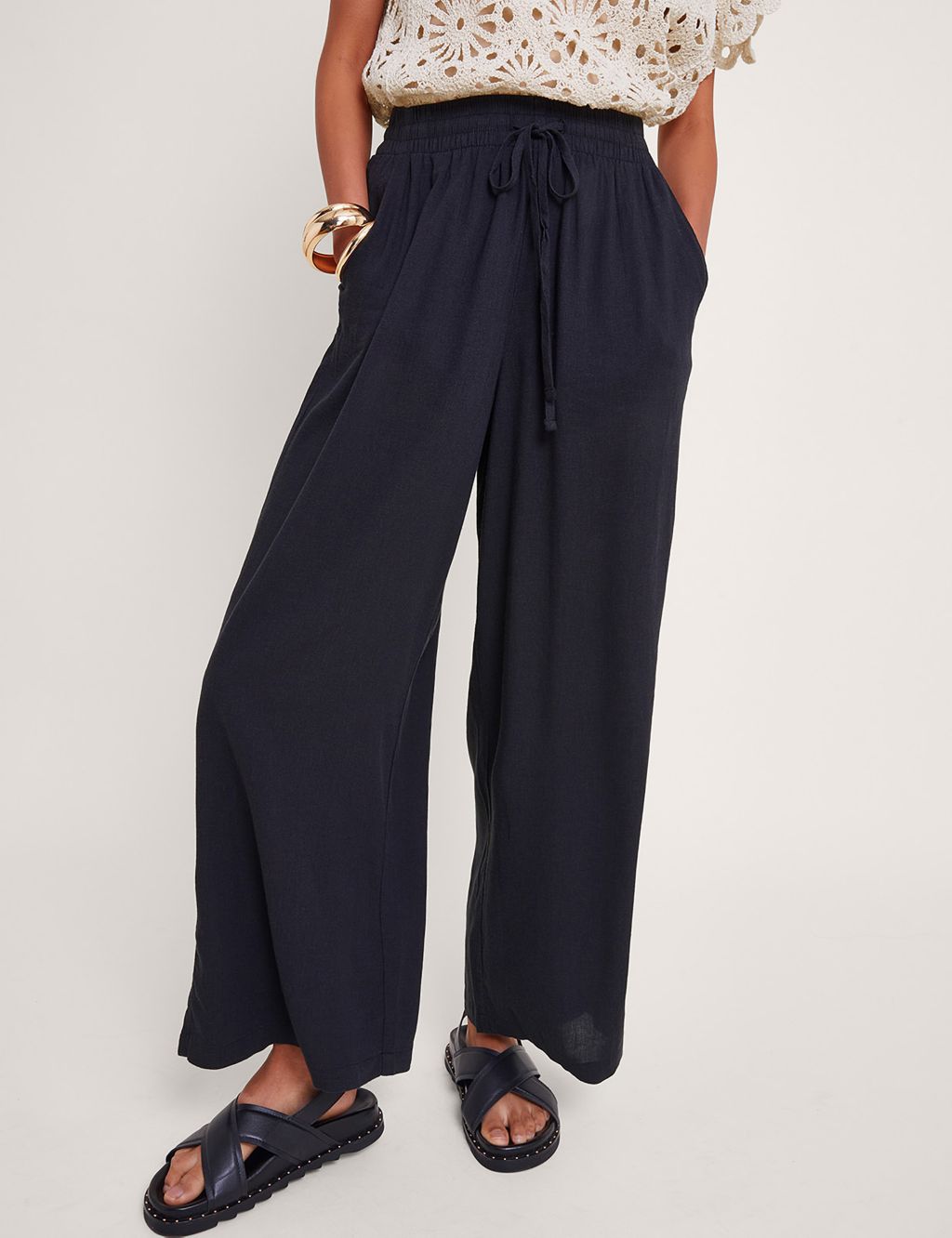 Drawstring Wide Leg Culottes with Linen 3 of 4