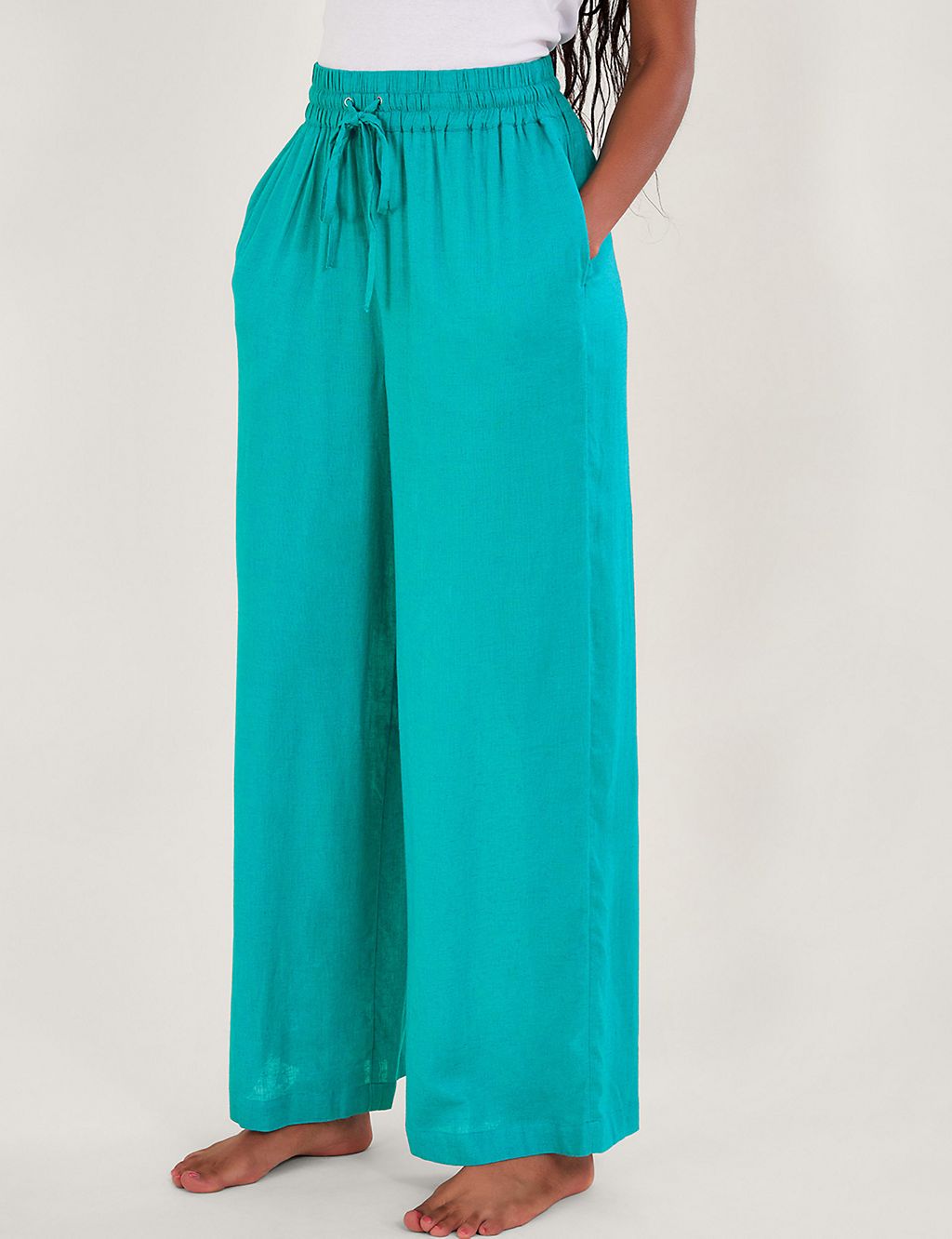 Drawstring Wide Leg Trousers with Linen 2 of 5