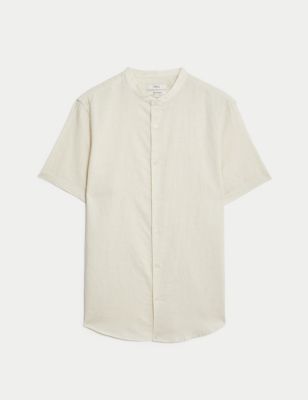 Easy Iron Cotton Linen Blend Grandad Collar Shirt Image 2 of 5