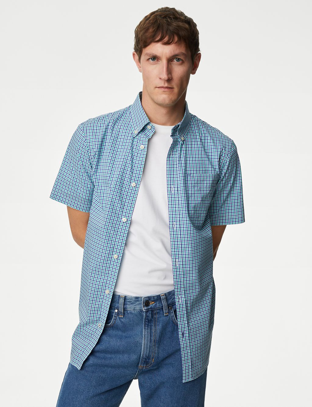 Easy Iron Cotton Stretch Gingham Check Oxford Shirt 3 of 5