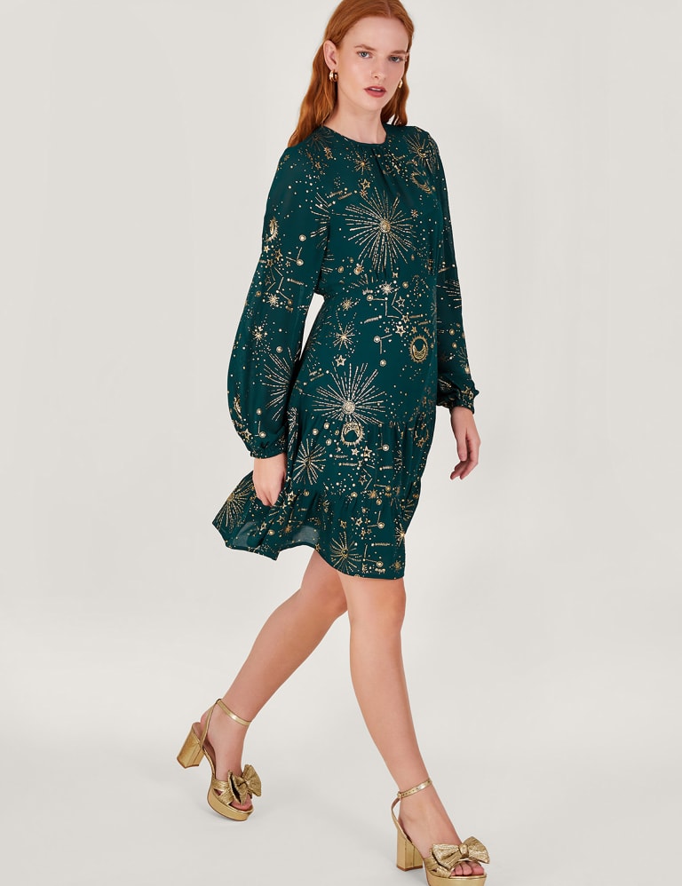 Embellished Foil Knee Length Tiered Dress Monsoon M S