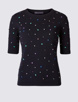 Embellished Round Neck Half Sleeve Jumper M S Collection M S