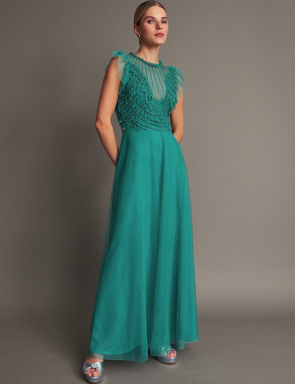 Embellished Ruffle Maxi Waisted Dress Monsoon M S