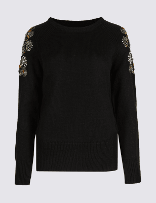 Embellished Shoulder Round Neck Jumper M S Collection M S