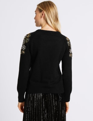 Embellished Shoulder Round Neck Jumper M S Collection M S