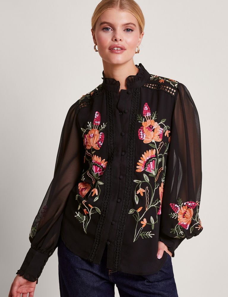 Embroidered High Neck Blouson Sleeve Blouse 1 of 5