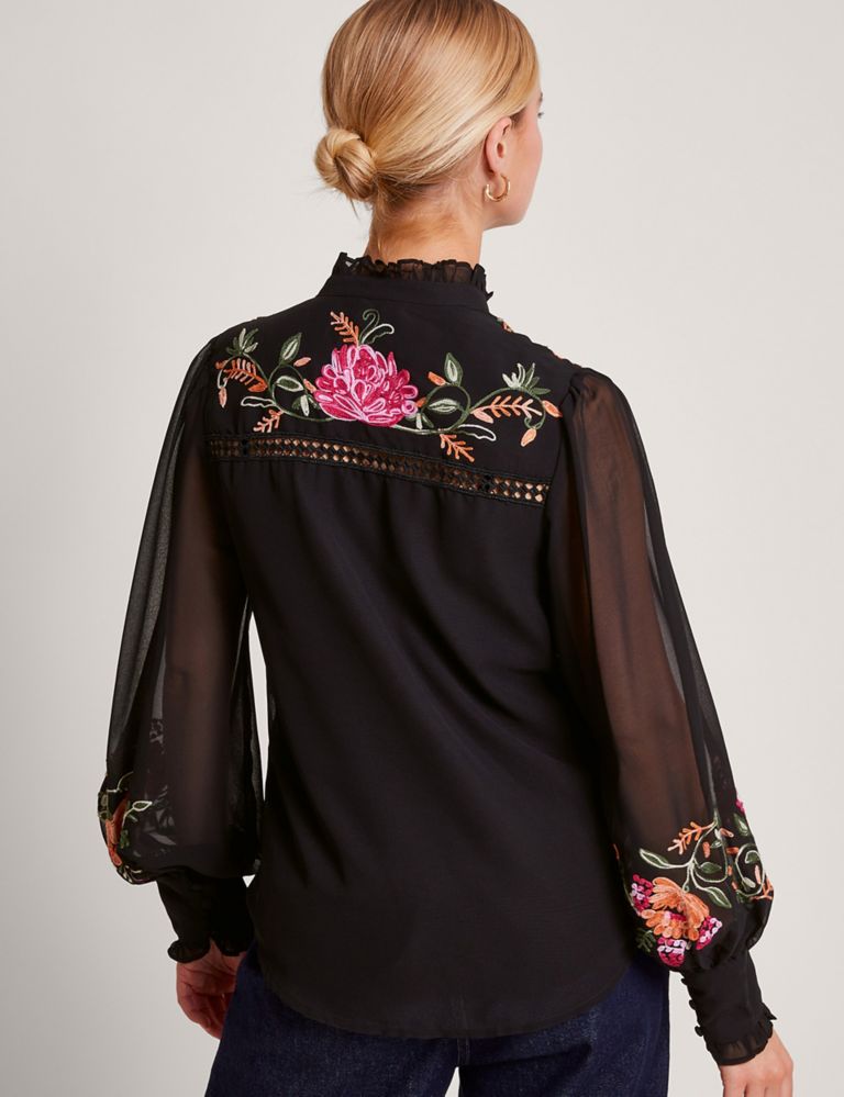Embroidered High Neck Blouson Sleeve Blouse 3 of 5