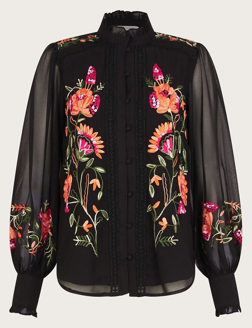 Embroidered High Neck Blouson Sleeve Blouse 1 of 5