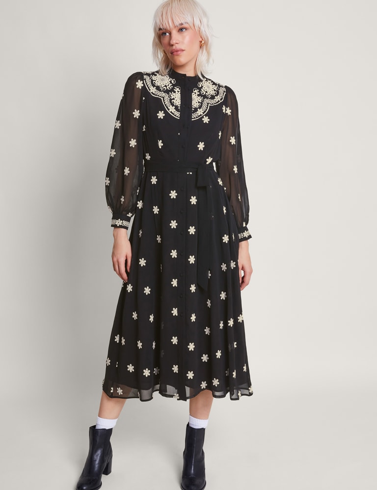 Embroidered High Neck Midi Shirt Dress 1 of 5