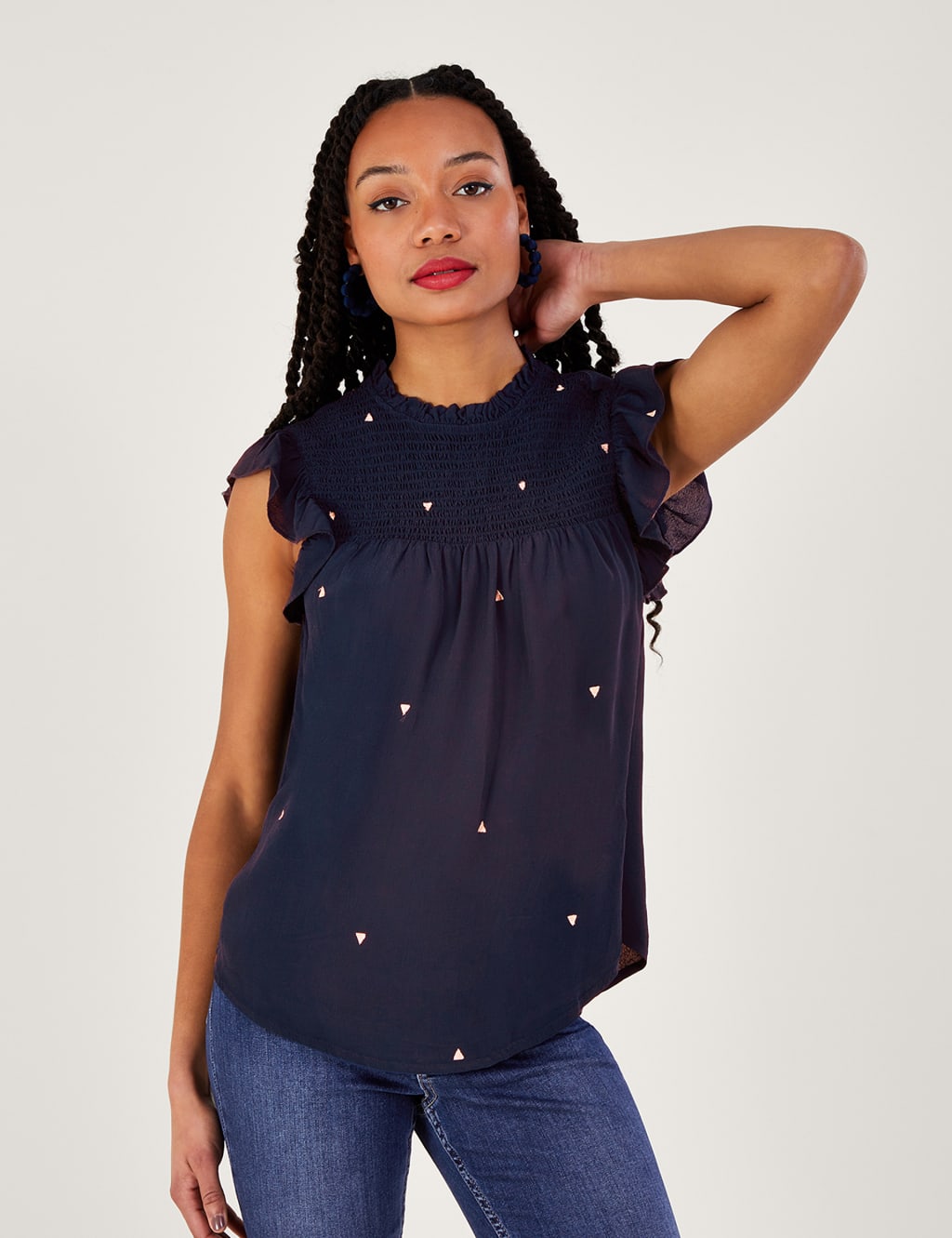 High neck embroidered top outlet