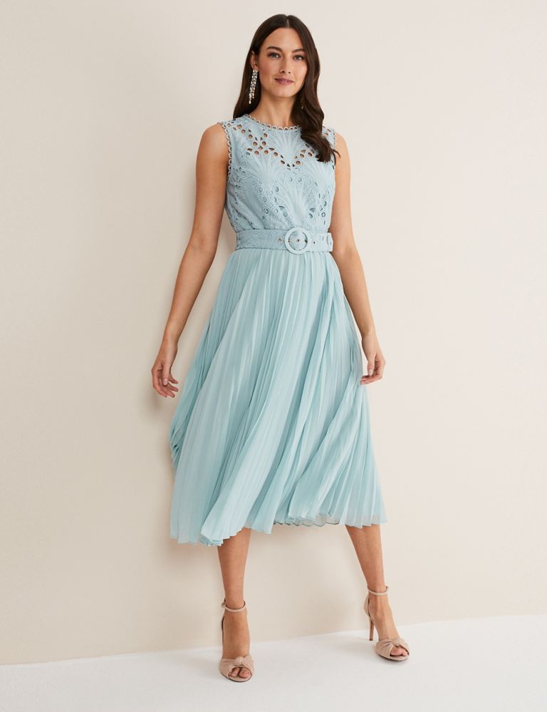Embroidered Lace Belted Midi Shift Dress 1 of 6