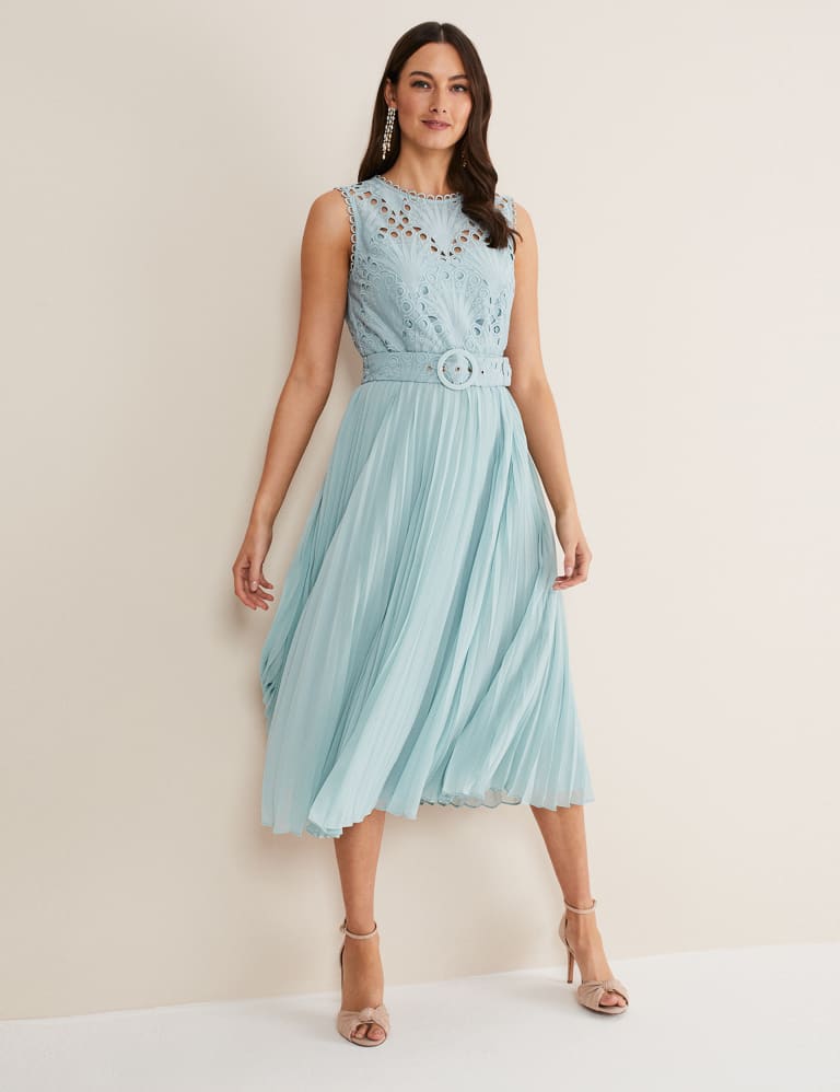 High low belted sleeveless lace dress sales