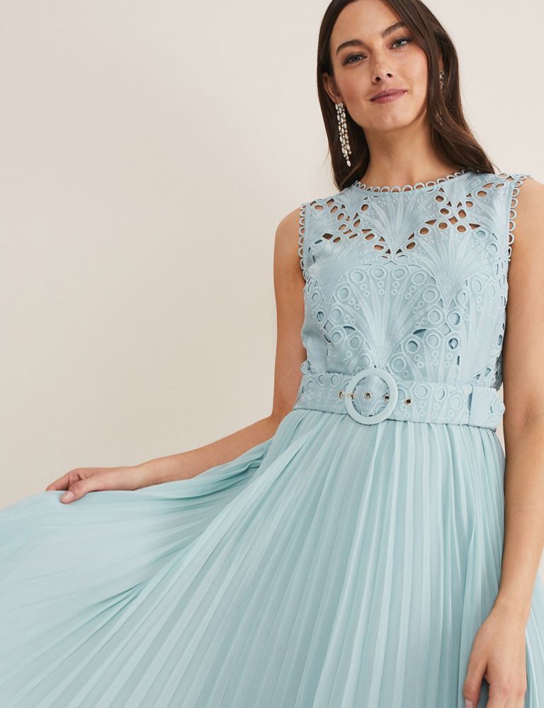 Embroidered Lace Belted Midi Shift Dress 3 of 6