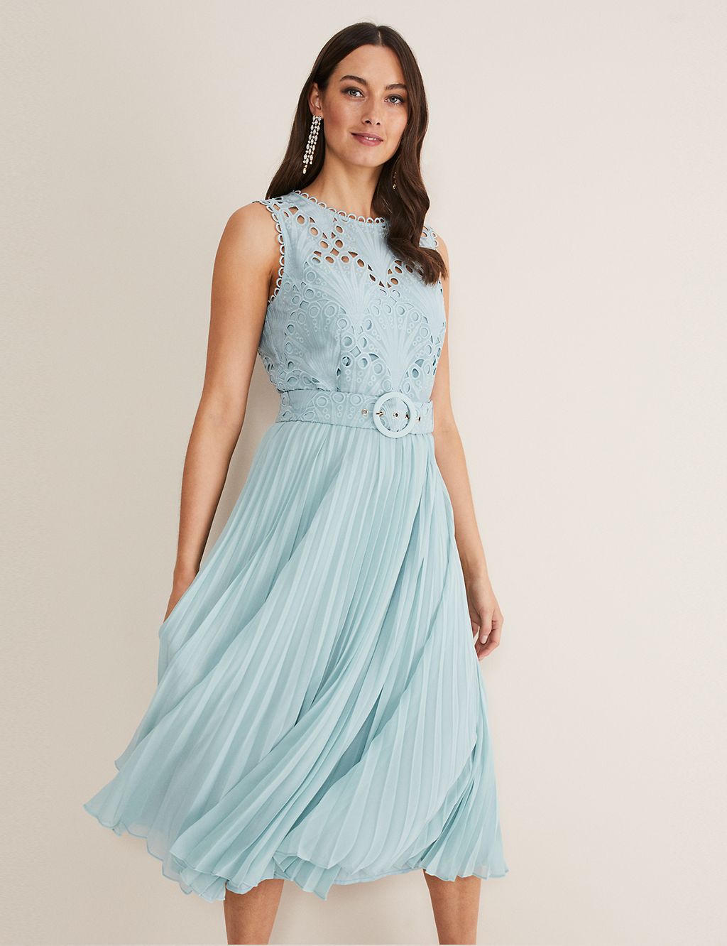 Embroidered Lace Belted Midi Shift Dress 6 of 6