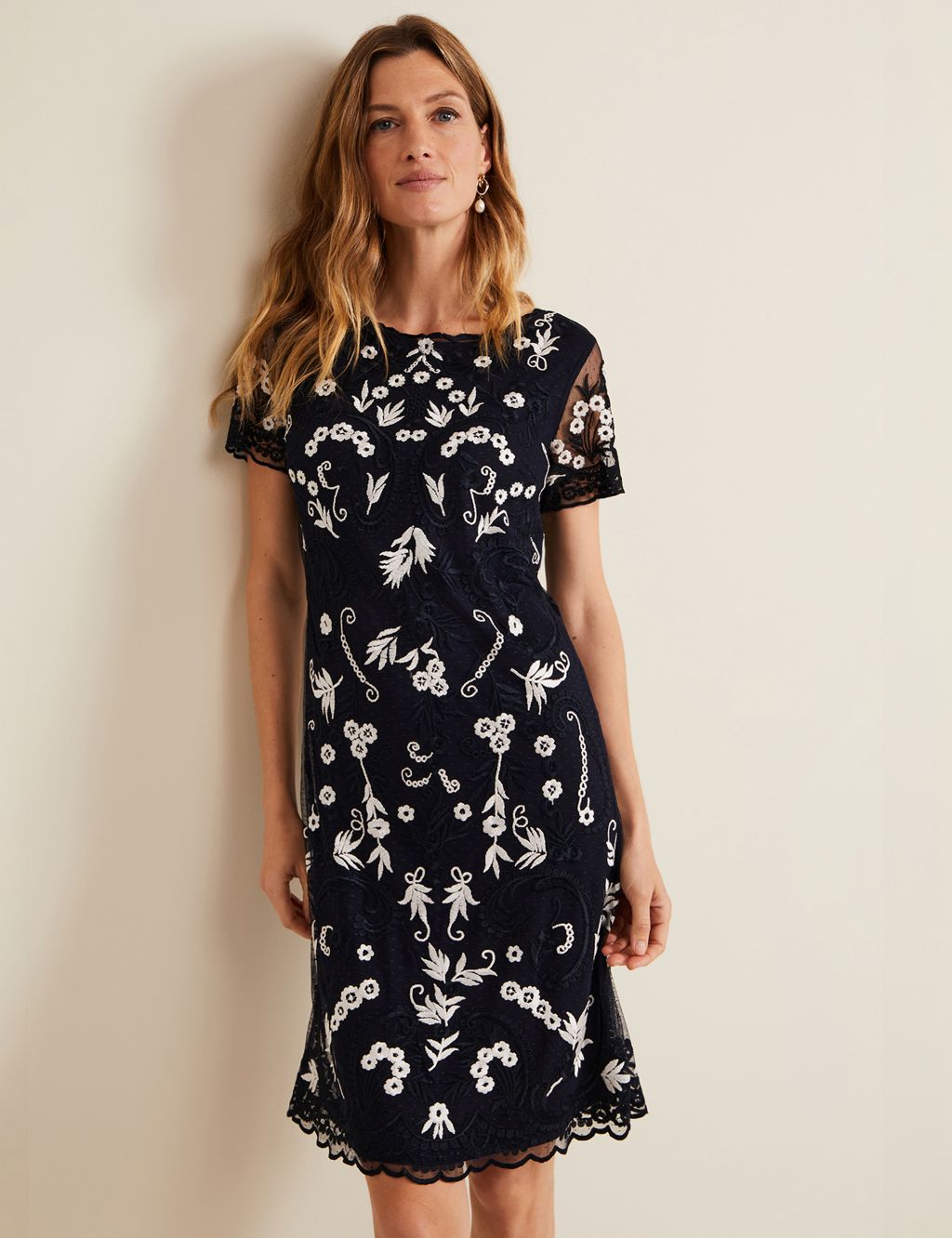 Embroidered Lace Knee Length Shift Dress 3 of 7