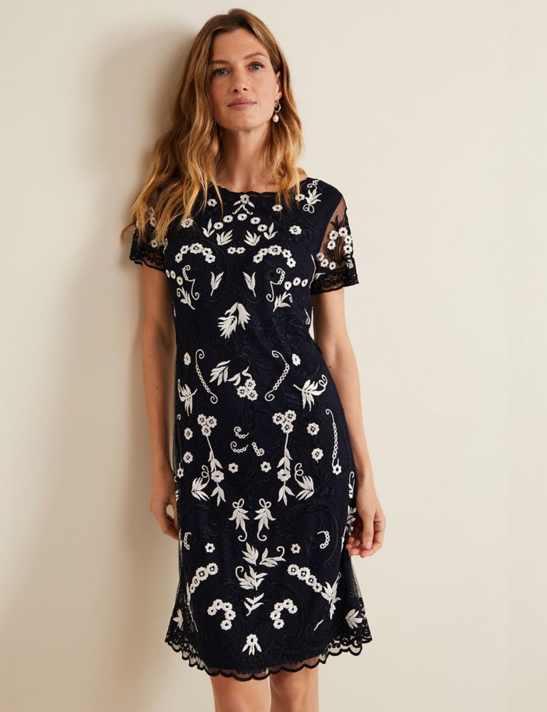 Embroidered Lace Knee Length Shift Dress 1 of 7