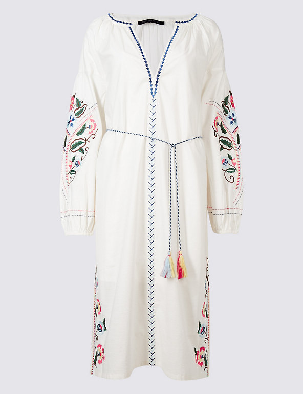 Embroidered Long Sleeve Tunic Midi Dress Image 1 of 2