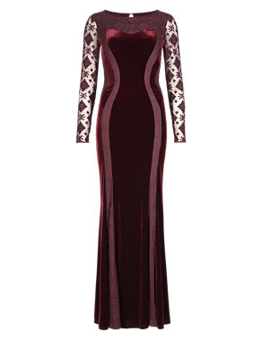 Embroidered Mesh & Velour Panelled Bodycon Maxi Dress Image 2 of 4