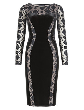 Embroidered Mesh & Velour Panelled Bodycon Shift Dress Image 2 of 3