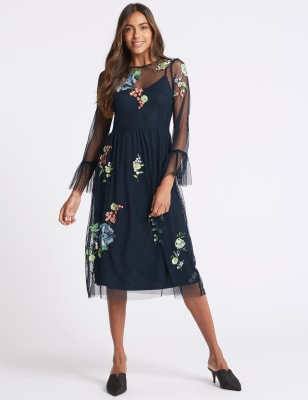 Mesh long hotsell sleeve midi dress