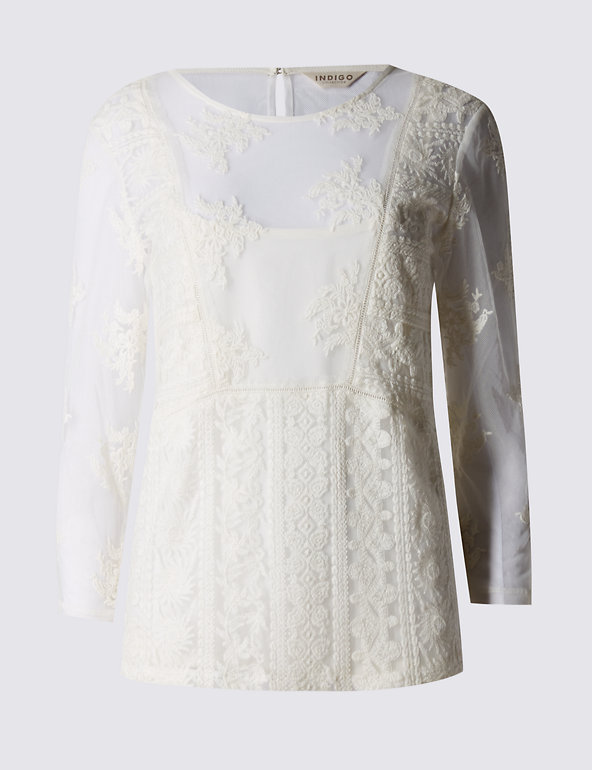 New M&S Indigo Soft White Mesh Embroidered Cami Top Sz UK 12 20 22 